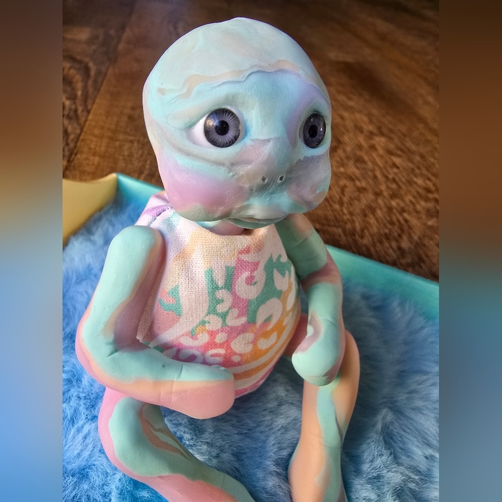 Handmade Alien Polymer Clay Baby Doll and Crib